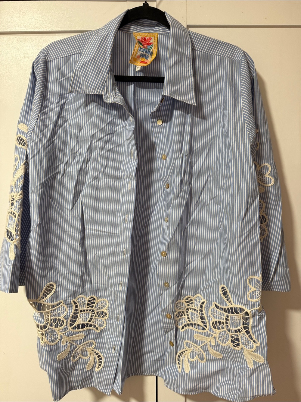 Johnny Was Blue and White Striped Button-Down with Cream Lace Appliqué